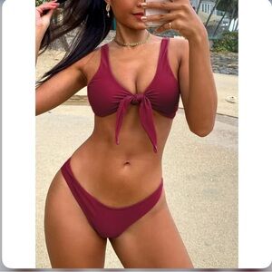 Vestidos Medium Burgundy Knotted Cheeky Two Piece Bikini